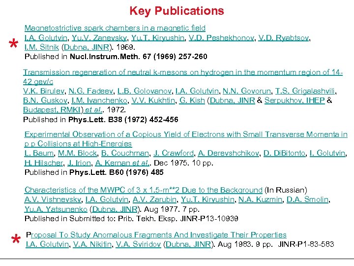 Key Publications * Magnetostrictive spark chambers in a magnetic field I. A. Golutvin, Yu.