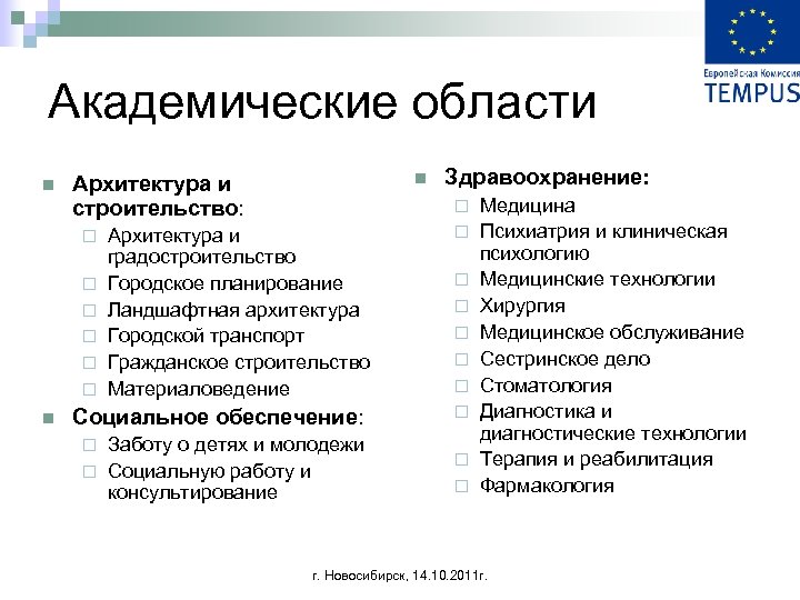Академические области n ¨ ¨ ¨ n n Архитектура и строительство: Здравоохранение: ¨ Архитектура
