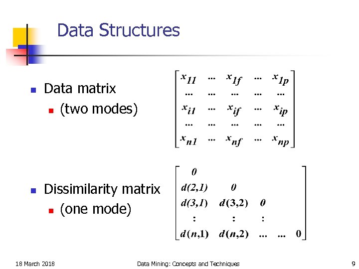 Data Structures n n Data matrix n (two modes) Dissimilarity matrix n (one mode)