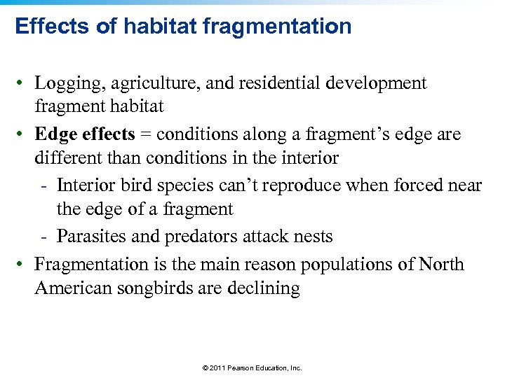 Effects of habitat fragmentation • Logging, agriculture, and residential development fragment habitat • Edge