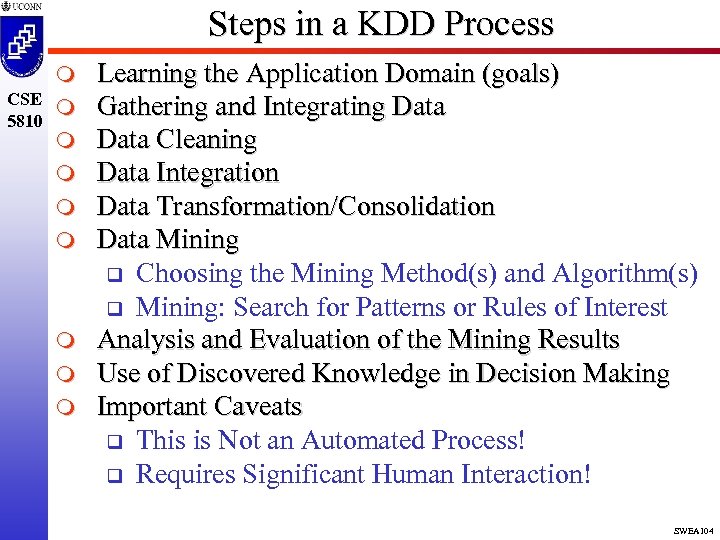 Steps in a KDD Process m CSE m 5810 m m m m Learning