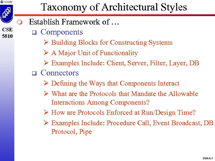 Taxonomy of Architectural Styles m CSE 5810 Establish Framework of … q Components Ø