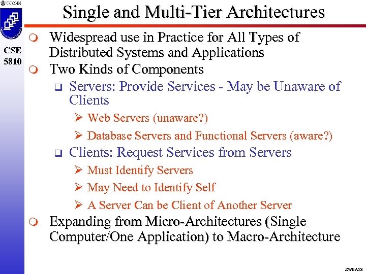 Single and Multi-Tier Architectures m CSE 5810 m Widespread use in Practice for All