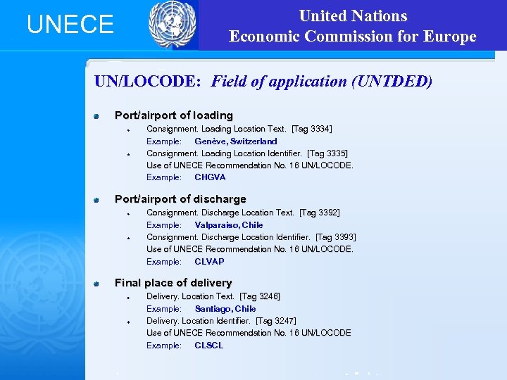 UNECE United Nations Economic Commission for Europe UN/LOCODE: Field of application (UNTDED) Port/airport of