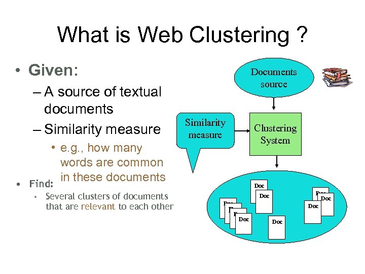 What is Web Clustering ? • Given: – A source of textual documents –