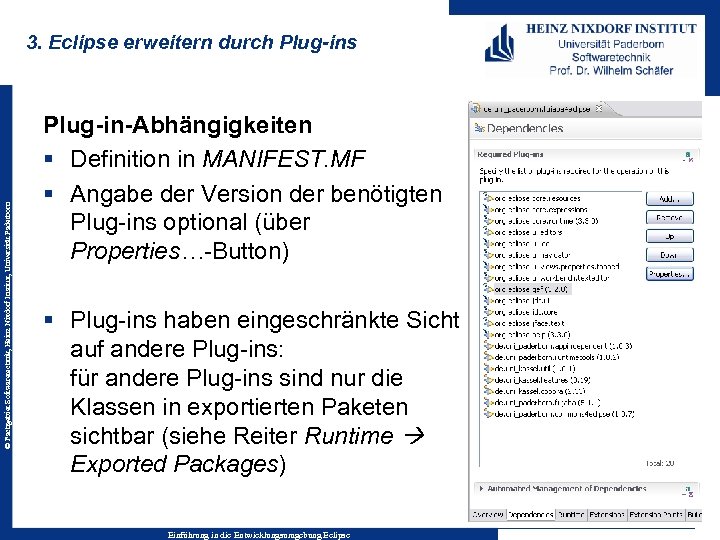 © Fachgebiet Softwaretechnik, Heinz Nixdorf Institut, Universität Paderborn 3. Eclipse erweitern durch Plug-ins Plug-in-Abhängigkeiten