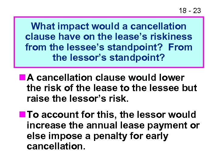 18 - 23 What impact would a cancellation clause have on the lease’s riskiness