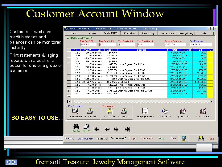 Customer Account Window Customers' purchases, credit histories and balances can be monitored instantly Print