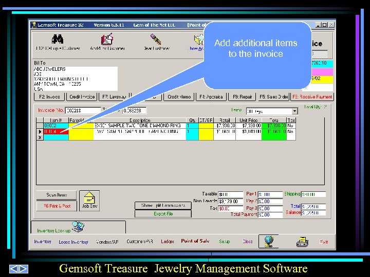 Add additional items to the invoice Gemsoft Treasure Jewelry Management Software 