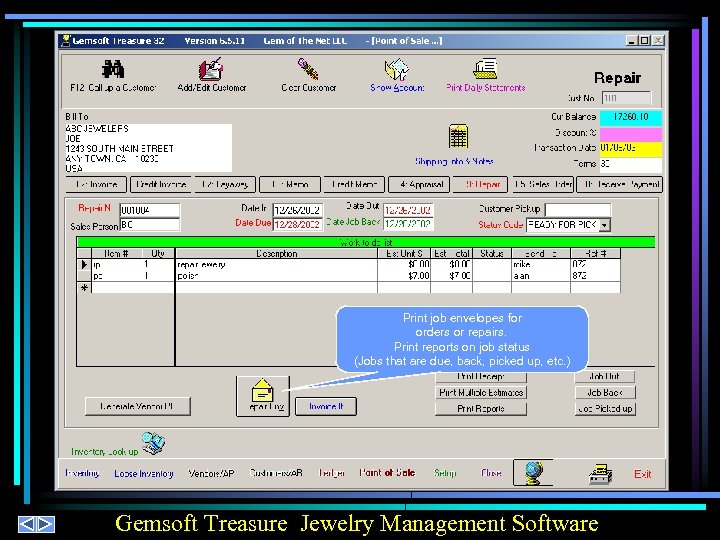 Print job envelopes for orders or repairs. Print reports on job status (Jobs that