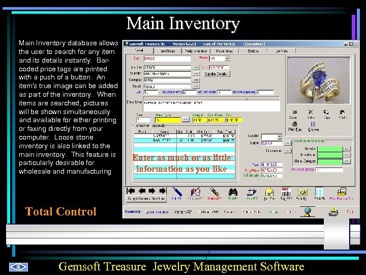 Main Inventory database allows the user to search for any item and its details