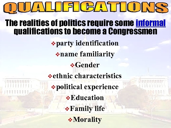 The realities of politics require some informal qualifications to become a Congressmen vparty identification