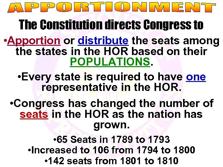 The Constitution directs Congress to • Apportion or distribute the seats among the states