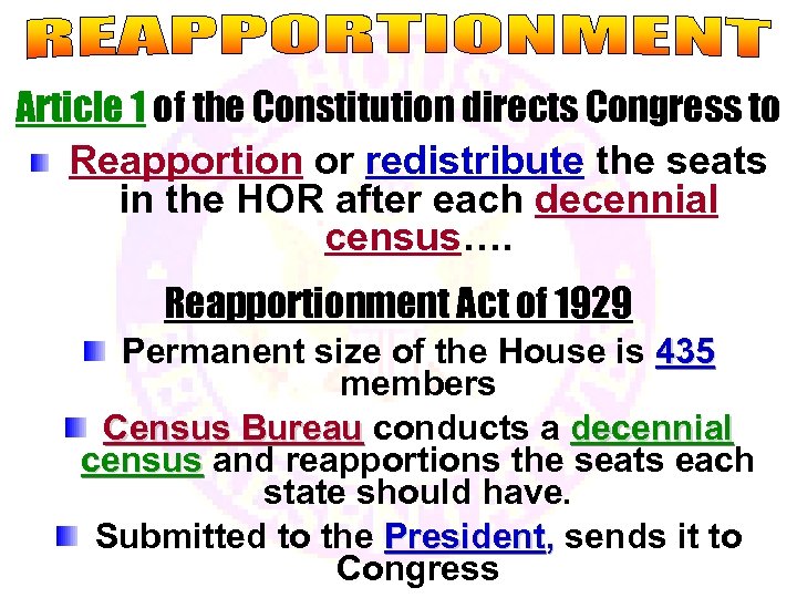 Article 1 of the Constitution directs Congress to Reapportion or redistribute the seats in