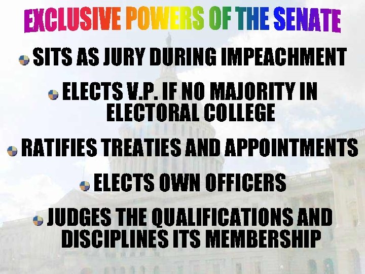 SITS AS JURY DURING IMPEACHMENT ELECTS V. P. IF NO MAJORITY IN ELECTORAL COLLEGE