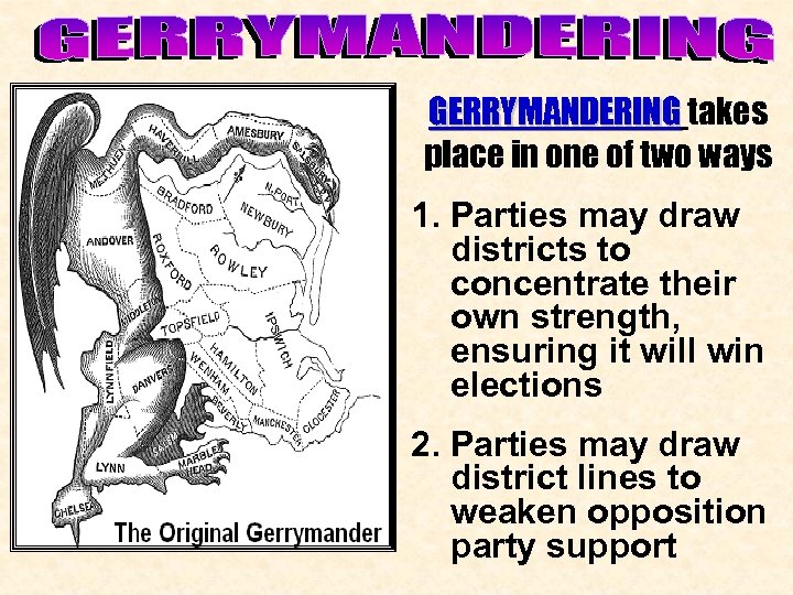 GERRYMANDERING takes place in one of two ways 1. Parties may draw districts to