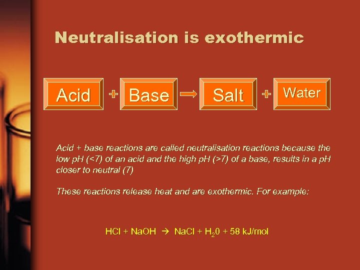 Neutralisation is exothermic Acid Base Salt Water Acid + base reactions are called neutralisation
