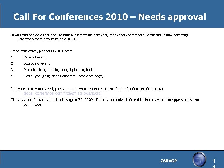 Call For Conferences 2010 – Needs approval In an effort to Coordinate and Promote