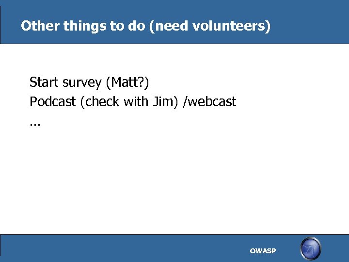 Other things to do (need volunteers) Start survey (Matt? ) Podcast (check with Jim)
