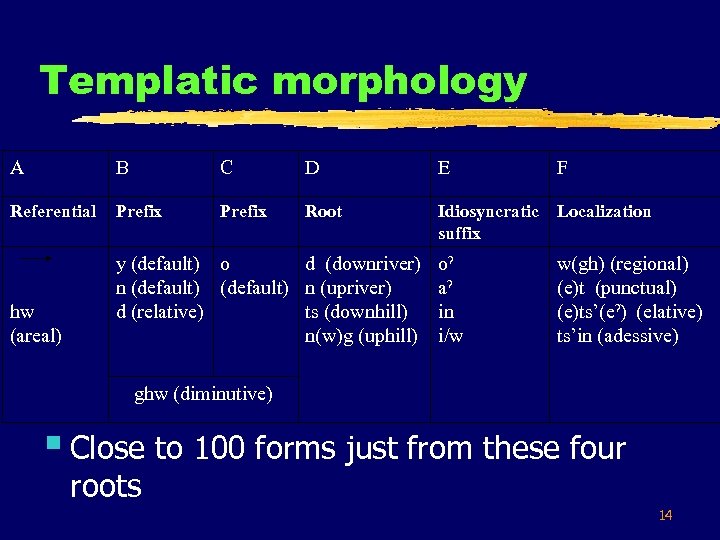 Templatic morphology A B C D E F Referential Prefix Root Idiosyncratic suffix Localization