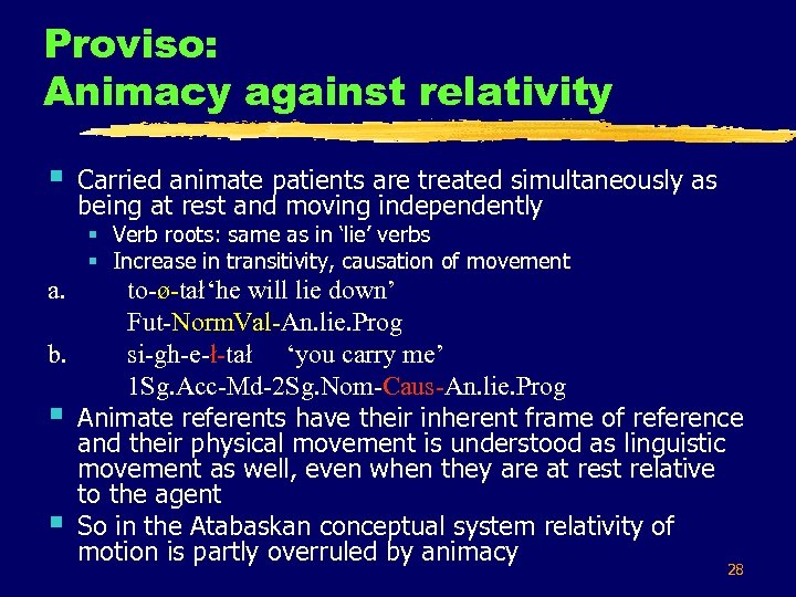 Proviso: Animacy against relativity § Carried animate patients are treated simultaneously as being at