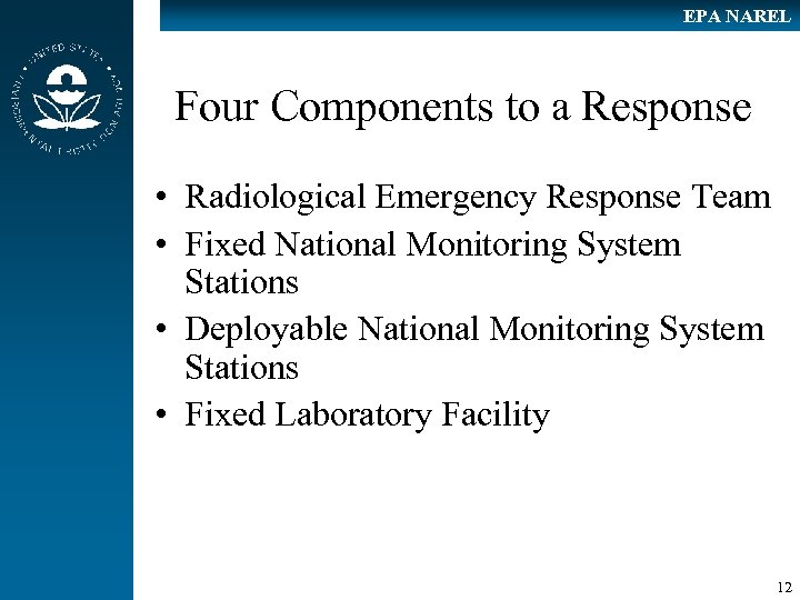 EPA NAREL Four Components to a Response • Radiological Emergency Response Team • Fixed