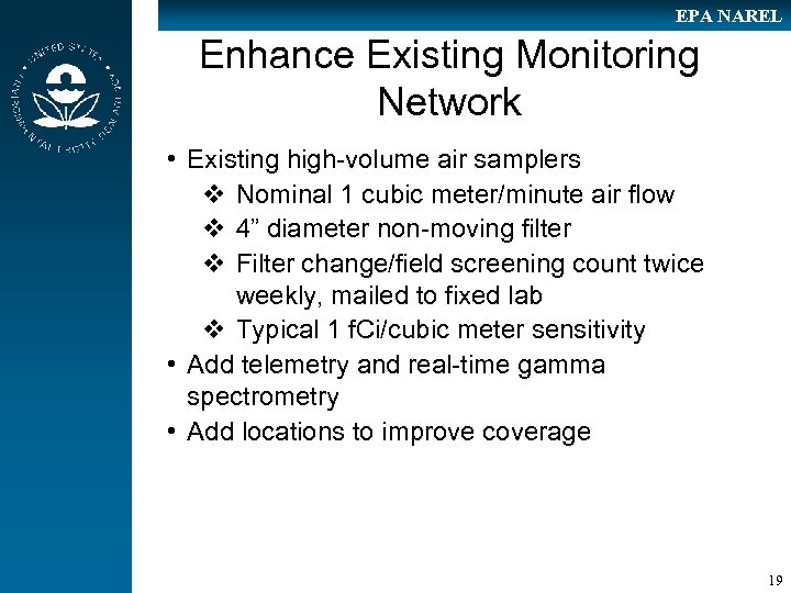 EPA NAREL Enhance Existing Monitoring Network • Existing high-volume air samplers v Nominal 1