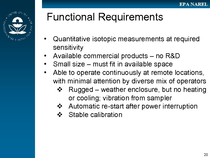 EPA NAREL Functional Requirements • Quantitative isotopic measurements at required sensitivity • Available commercial