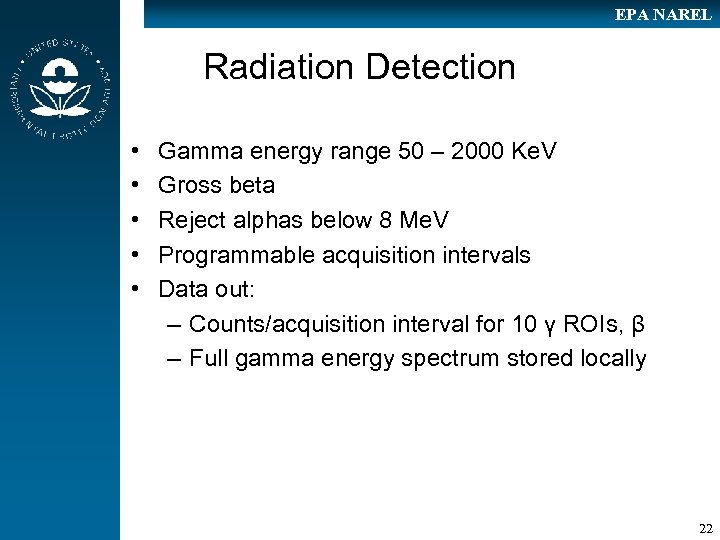 EPA NAREL Radiation Detection • • • Gamma energy range 50 – 2000 Ke.