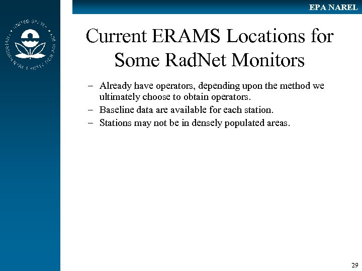 EPA NAREL Current ERAMS Locations for Some Rad. Net Monitors – Already have operators,