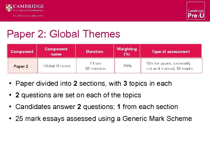 Paper 2: Global Themes • Paper divided into 2 sections, with 3 topics in