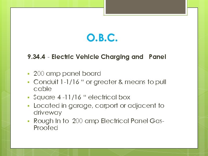 O. B. C. 9. 34. 4 - Electric Vehicle Charging and Panel § §