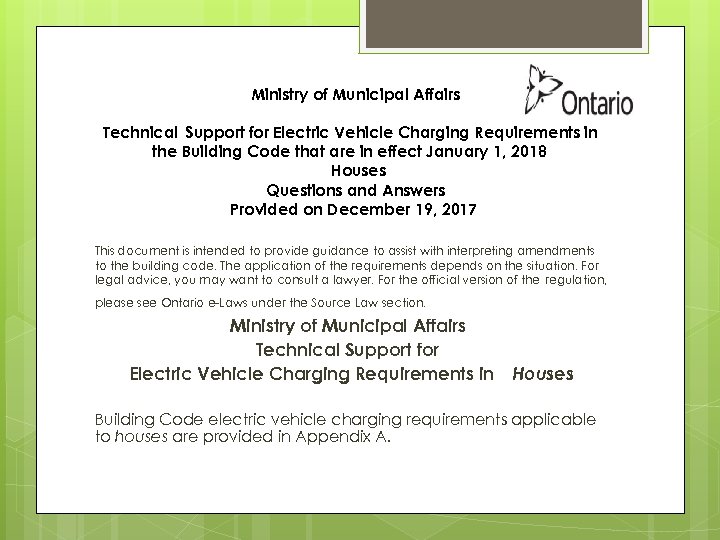 Ministry of Municipal Affairs Technical Support for Electric Vehicle Charging Requirements in the Building