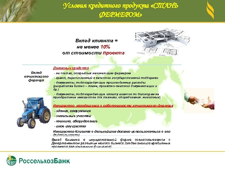 Условия кредитного продукта «СТАНЬ ФЕРМЕРОМ» Вклад клиента = не менее 10% от стоимости проекта