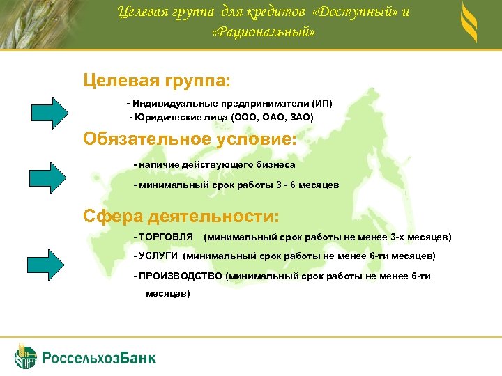 Целевая группа для кредитов «Доступный» и «Рациональный» Целевая группа: - Индивидуальные предприниматели (ИП) -
