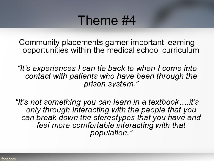 Theme #4 Community placements garner important learning opportunities within the medical school curriculum “It’s