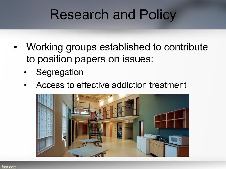 Research and Policy • Working groups established to contribute to position papers on issues: