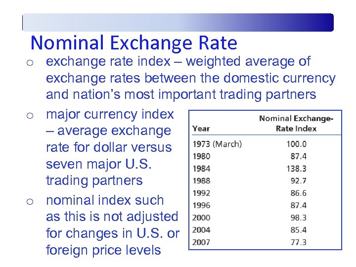 Nominal Exchange Rate o exchange rate index – weighted average of exchange rates between
