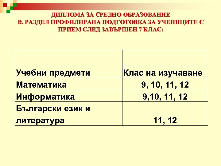 ДИПЛОМА ЗА СРЕДНО ОБРАЗОВАНИЕ В. РАЗДЕЛ ПРОФИЛИРАНА ПОДГОТОВКА ЗА УЧЕНИЦИТЕ С ПРИЕМ СЛЕД ЗАВЪРШЕН