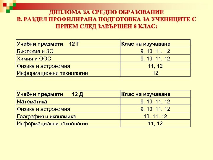 ДИПЛОМА ЗА СРЕДНО ОБРАЗОВАНИЕ В. РАЗДЕЛ ПРОФИЛИРАНА ПОДГОТОВКА ЗА УЧЕНИЦИТЕ С ПРИЕМ СЛЕД ЗАВЪРШЕН