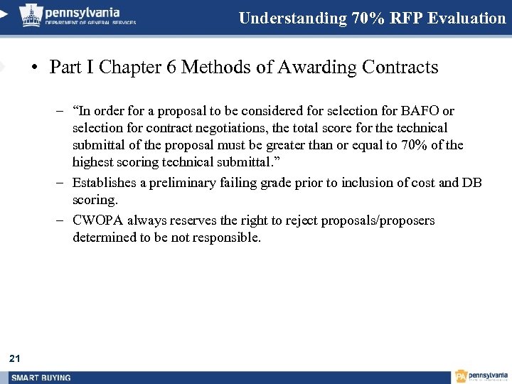 Understanding 70% RFP Evaluation • Part I Chapter 6 Methods of Awarding Contracts –