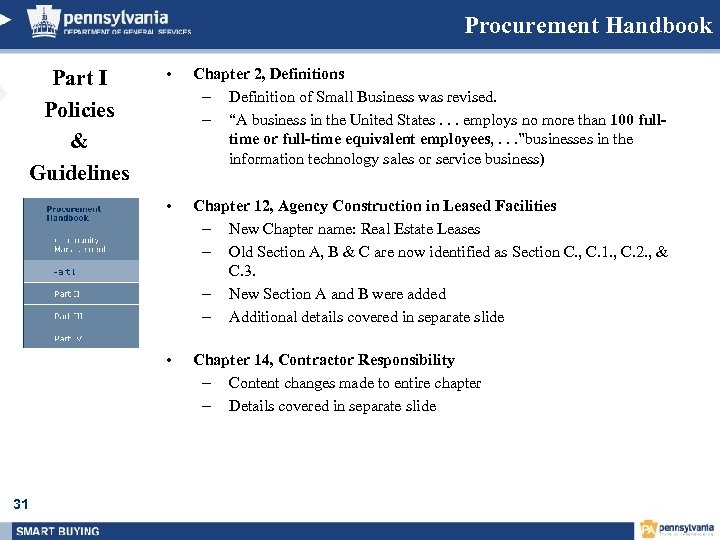 Procurement Handbook Chapter 2, Definitions – Definition of Small Business was revised. – “A