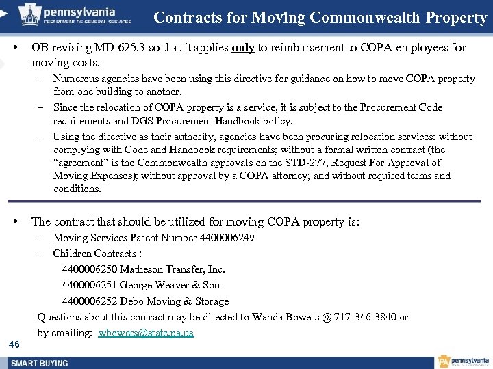 Contracts for Moving Commonwealth Property • OB revising MD 625. 3 so that it