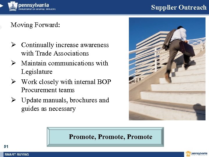Supplier Outreach Moving Forward: Ø Continually increase awareness with Trade Associations Ø Maintain communications
