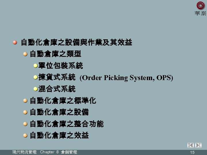 自動化倉庫之設備與作業及其效益 自動倉庫之類型 單位包裝系統 揀貨式系統 (Order Picking System, OPS) 混合式系統 自動化倉庫之標準化 自動化倉庫之設備 自動化倉庫之整合功能 自動化倉庫之效益 現代物流管理
