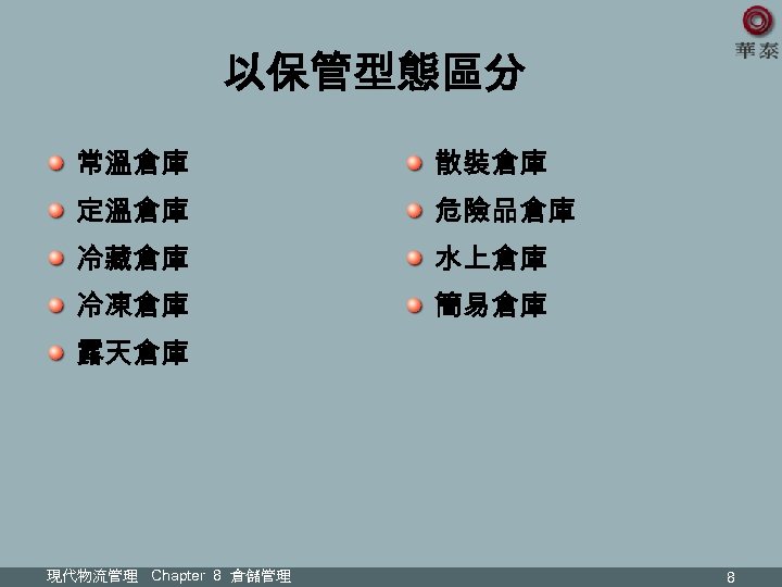 以保管型態區分 常溫倉庫 散裝倉庫 定溫倉庫 危險品倉庫 冷藏倉庫 水上倉庫 冷凍倉庫 簡易倉庫 露天倉庫 現代物流管理 Chapter 8 倉儲管理