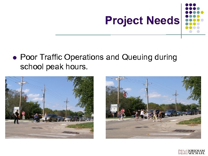 Project Needs l Poor Traffic Operations and Queuing during school peak hours. 