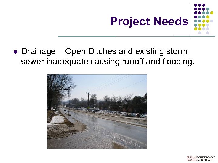 Project Needs l Drainage – Open Ditches and existing storm sewer inadequate causing runoff