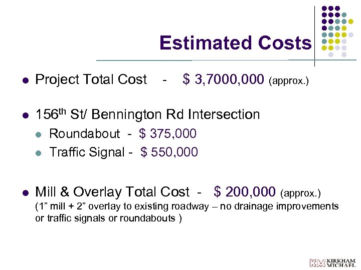 Estimated Costs l Project Total Cost l 156 th St/ Bennington Rd Intersection l