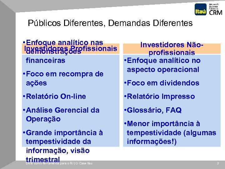 Públicos Diferentes, Demandas Diferentes • Enfoque analítico nas Investidores Não. Investidores Profissionais demonstrações profissionais